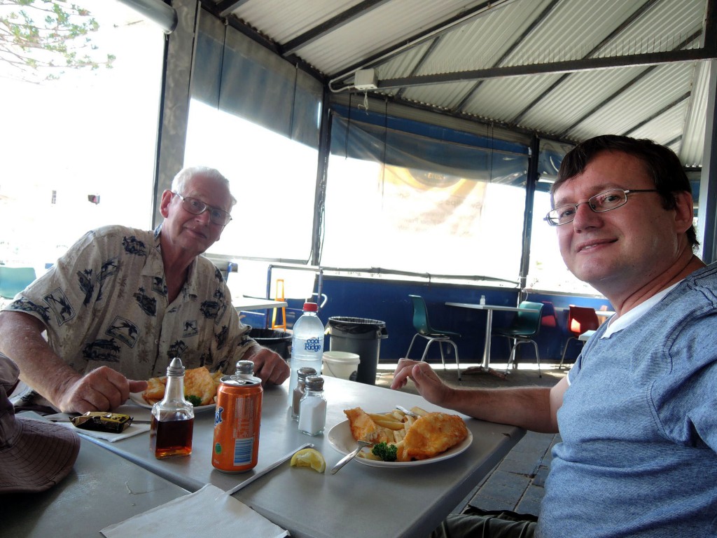 My Dad and I having fish and chips in Fremantle